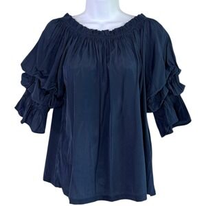 Mersea Womens Ruffle Sleeve Top Size M Navy Off Shoulder Boho Chic Coastal Luxe